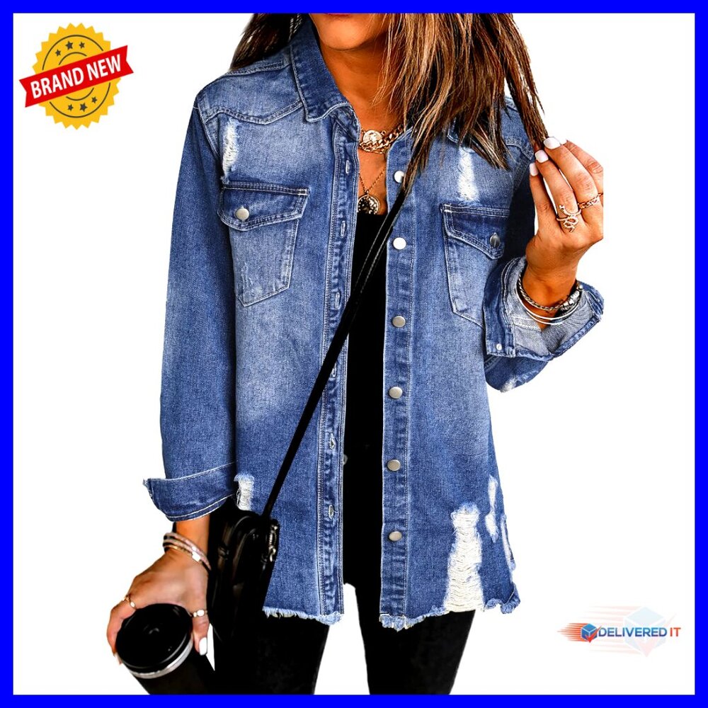 Oversized Distressed Denim Jacket Classic Vintage Y2k Boyfriend Fit Casual